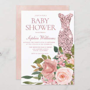 Roos Gold Dress & Blush Pink Flowers Baby shower Kaart