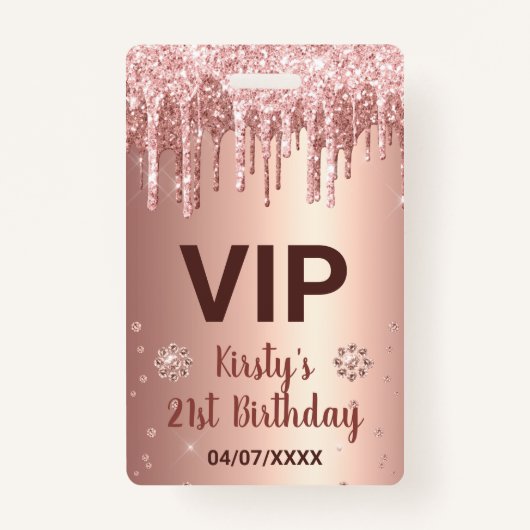 Roos Gold Dripping Glitter & Diamond Birthday Badge (Voorkant)