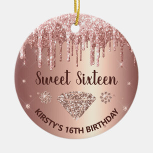 Roos Gold Dripping Glitter & Diamond Sweet 16 Keramisch Ornament