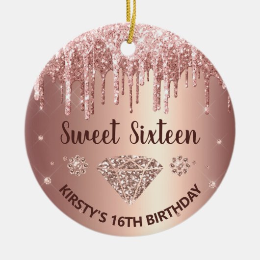 Roos Gold Dripping Glitter & Diamond Sweet 16 Keramisch Ornament (Voorkant)