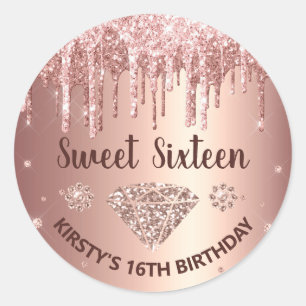 Roos Gold Dripping Glitter & Diamond Sweet 16 Ronde Sticker