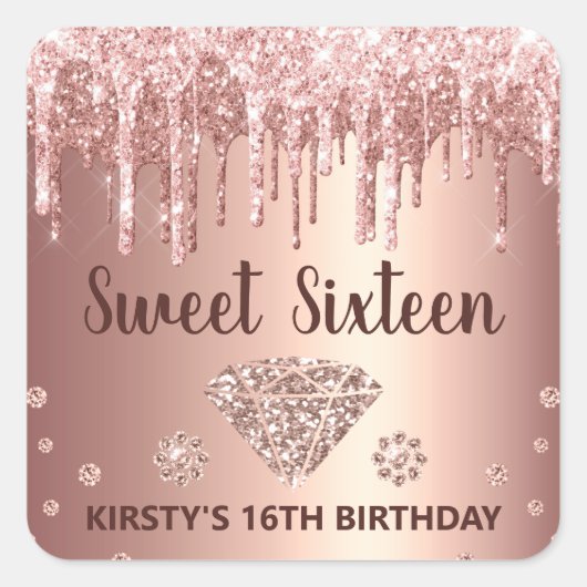 Roos Gold Dripping Glitter & Diamond Sweet 16 Vierkante Sticker (Voorkant)