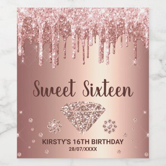 Roos Gold Dripping Glitter & Diamond Sweet 16 Wijn Etiket (Enkel label)
