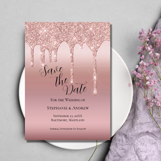 Roos Gold Driving Glitter Blush Pink QR code Save The Date