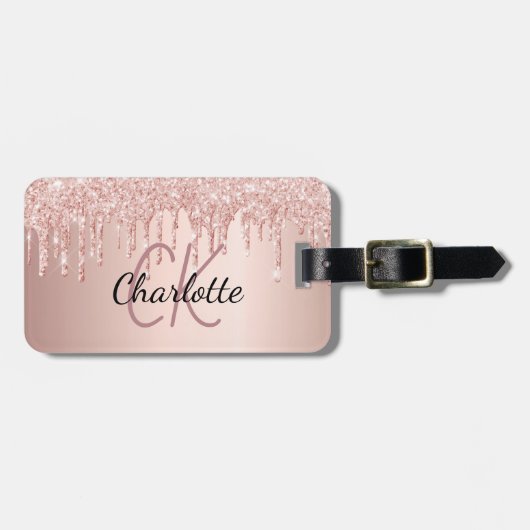 Roos Gold Druppels Aangepaste Monogram Naam Bagagelabel (Voorkant horizontaal)