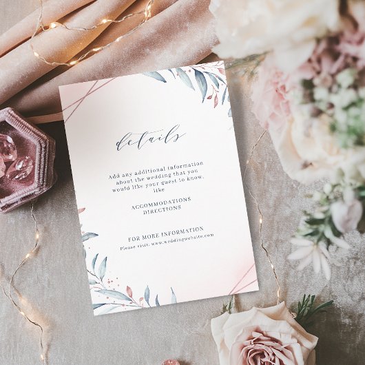 Roos Gold Dusty Blue Greenery Geometric Wedding Informatiekaartje