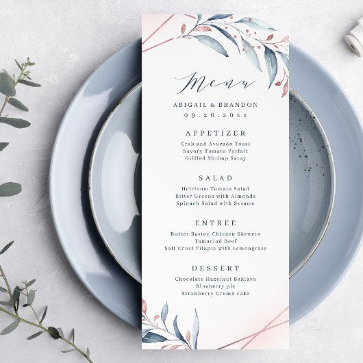 Roos Gold Dusty Blue Greenery Geometric Wedding Menu