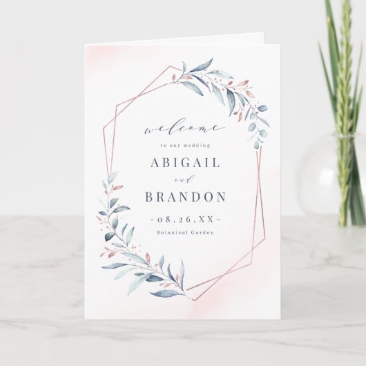 Roos Gold Dusty Blue Greenery Geometric Wedding Programma (Voorkant)