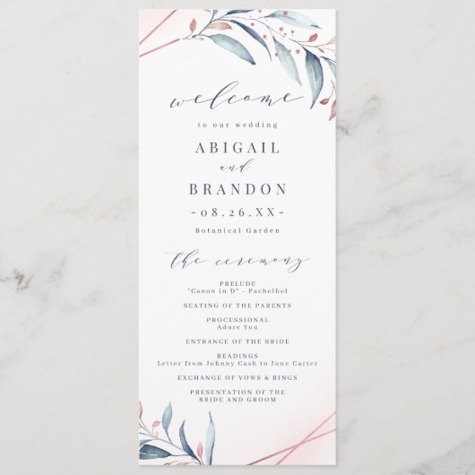 Roos Gold Dusty Blue Greenery Geometric Wedding Programma (Voorkant)