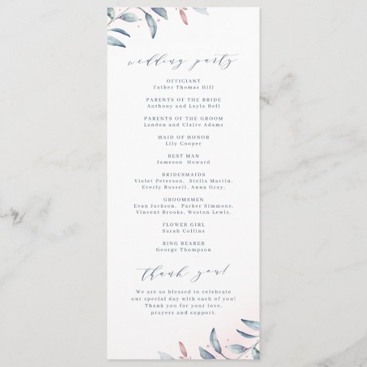 Roos Gold Dusty Blue Greenery Geometric Wedding Programma (Achterkant)