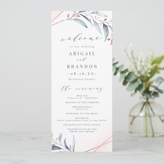 Roos Gold Dusty Blue Greenery Geometric Wedding Programma (Staand voorkant)