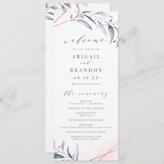 Roos Gold Dusty Blue Greenery Geometric Wedding Programma (Voorkant / Achterkant)