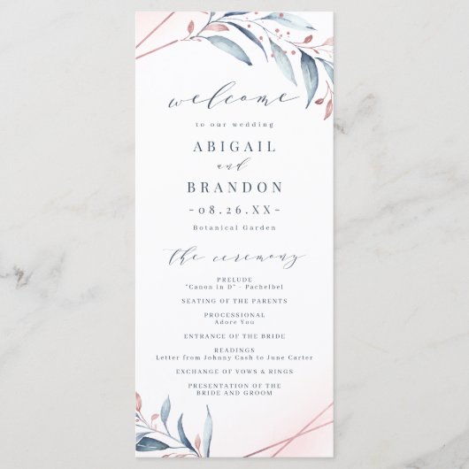 Roos Gold Dusty Blue Greenery Geometric Wedding Programma (Voorkant)