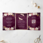 Roos Gold Dusty Pink Floral QR Code Plum Wedding Drieluik Uitnodiging (Binnen)