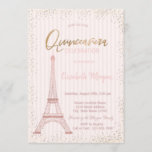 Roos Gold Eiffeltower Confetti Stripe Quinceanera Kaart