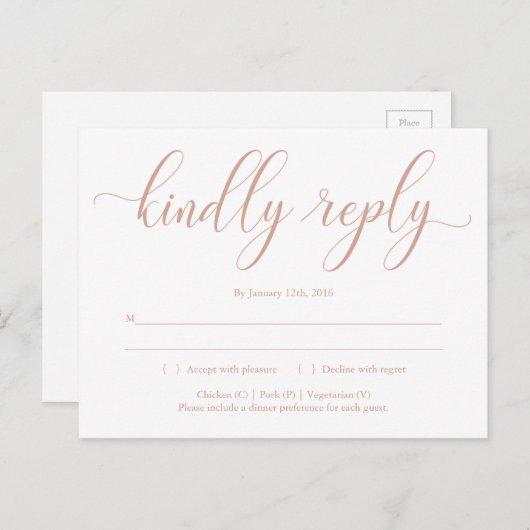 Roos Gold Elegant Calligraphy RSVP Briefkaart (Voorkant / Achterkant)