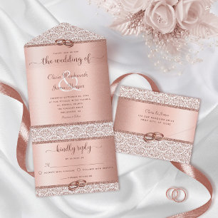 Roos Gold Elegant Glitter Damask Wedding All In One Uitnodiging