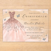 Roos Gold Elegant Jurk Butterfly Quinceanera Acryl Uitnodigingen (Voorkant)