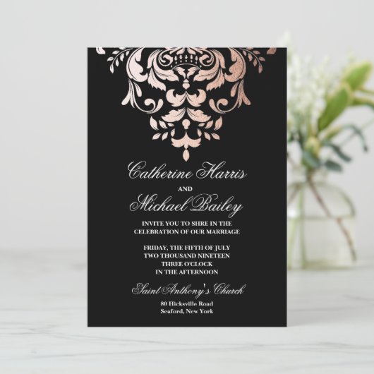 Roos Gold en Black Demask faux foil Wedding Kaart (Staand voorkant)