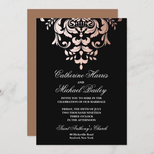 Roos Gold en Black Demask faux foil Wedding Kaart (Voorkant / Achterkant)