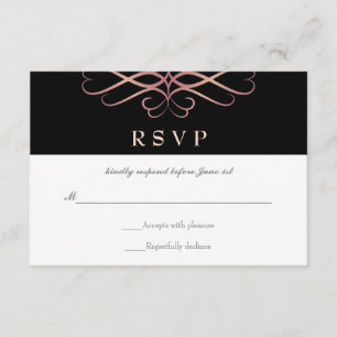 Roos Gold en Black, Elegant Flourishes Wedding RSVP Kaartje