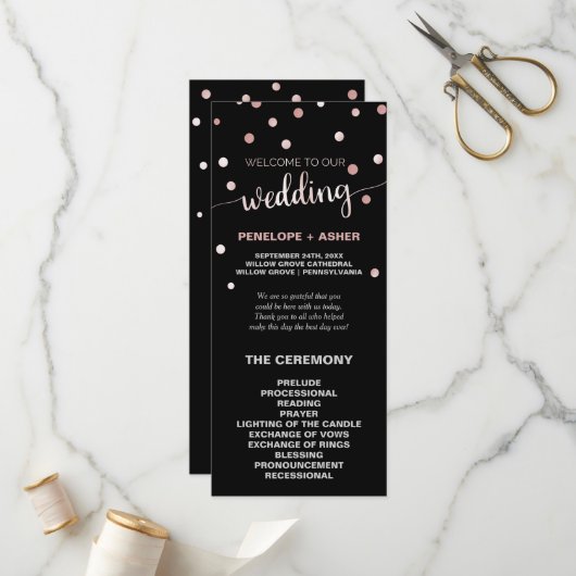 Roos Gold en Black Glam Confetti Wedding Program Programma (Voorkant / Achterkant in situ)