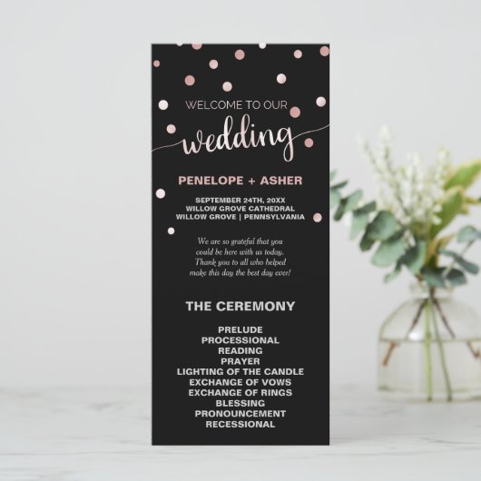 Roos Gold en Black Glam Confetti Wedding Program Programma (Staand voorkant)
