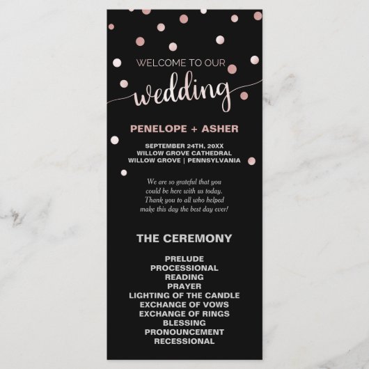 Roos Gold en Black Glam Confetti Wedding Program Programma (Voorkant)