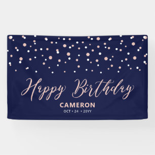 Roos Gold en Blue Hexagon Confetti Happy Birthday Spandoek