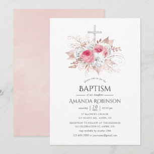 Roos Gold en Blush Floral Baptism of Christening Kaart