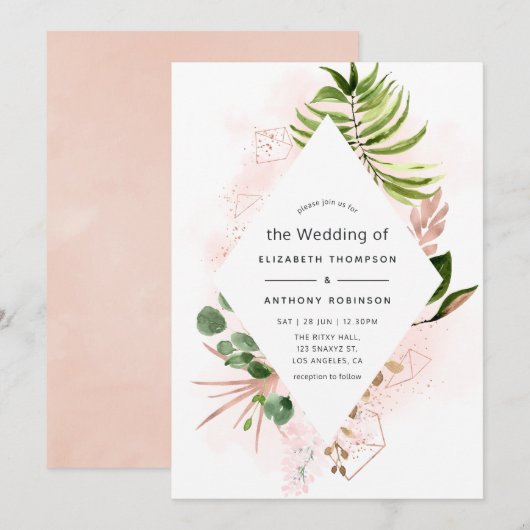 Roos Gold en blush Geometric Greenery Wedding Kaart (Voorkant / Achterkant)