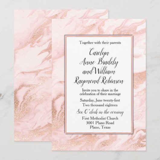 Roos Gold en Blush Marbled Wedding Invitation Kaart (Voorkant / Achterkant)