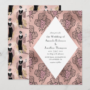 Roos Gold en Blush Pink Art Deco Wine Weddenschap Kaart