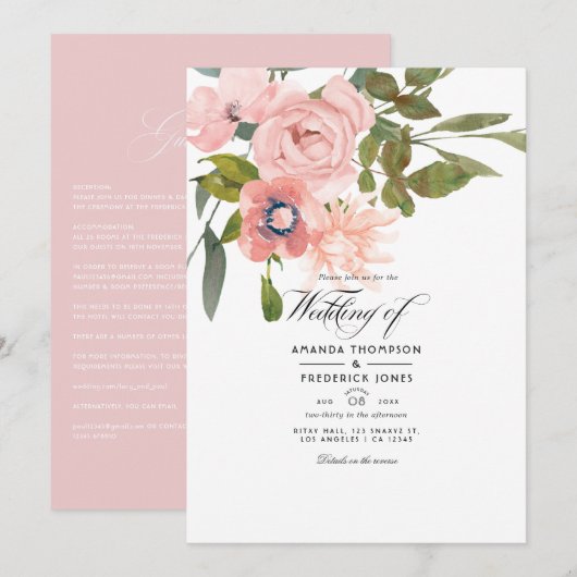 Roos Gold en Blush Pink Floral Wedding Kaart (Voorkant / Achterkant)