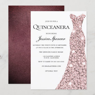 Roos Gold en Bourgogne Velvet Quinceanera Invite Kaart
