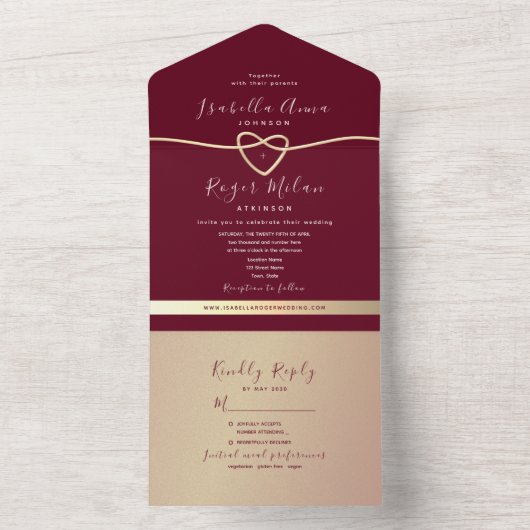 Roos Gold en Bourgondische bruiloft All In One Uitnodiging (Binnen)