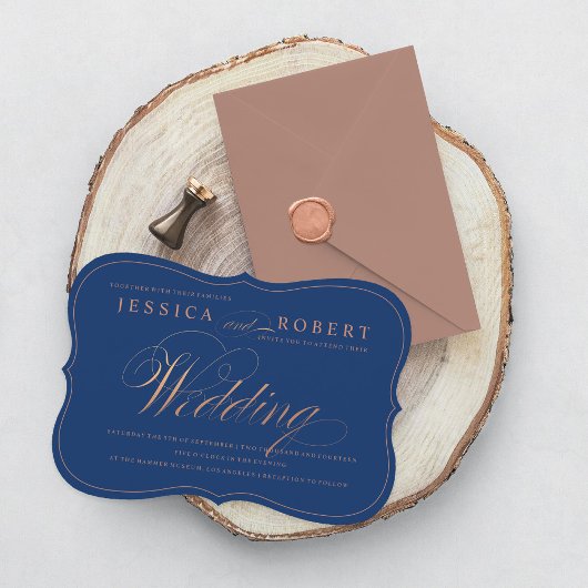 Roos Gold en Navy Blue Elegant Script Wedding Kaart