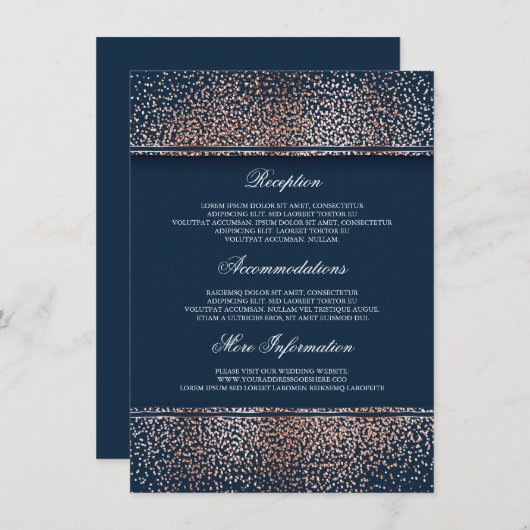 Roos Gold en Navy Glitter Bruiloft Informatie Informatiekaartje (Voorkant / Achterkant)