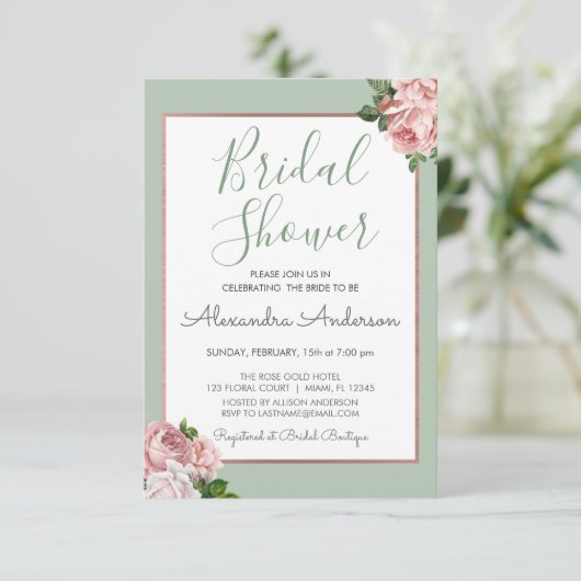 Roos Gold en Salie Floral Vrijgezellenfeest Kaart (Staand voorkant)