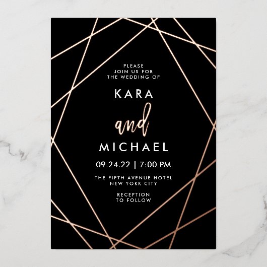 Roos Gold en zwarte elegante geometrische bruiloft Folie Uitnodiging (Voorkant)