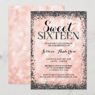 Roos Gold Faux Black Glitter Lights Sweet 16 Kaart