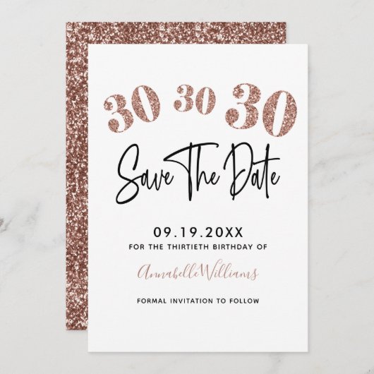 Roos Gold Faux Glitter 30e verjaardag Save The Date (Voorkant / Achterkant)