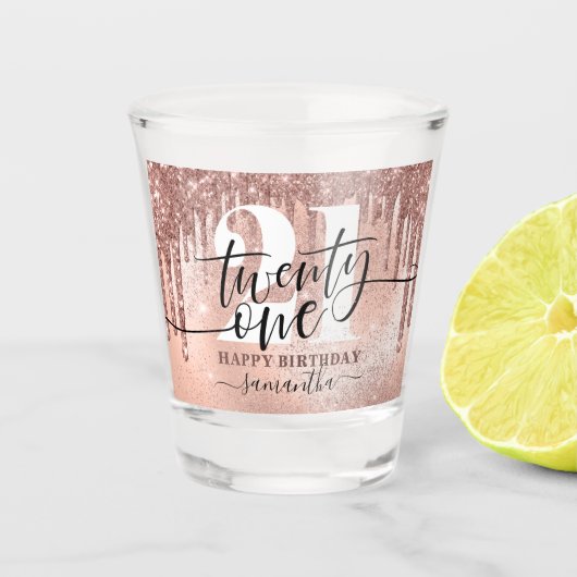 Roos Gold Faux Glitter & Folie 21st Birthday Shot Shot Glas (Voorkant)