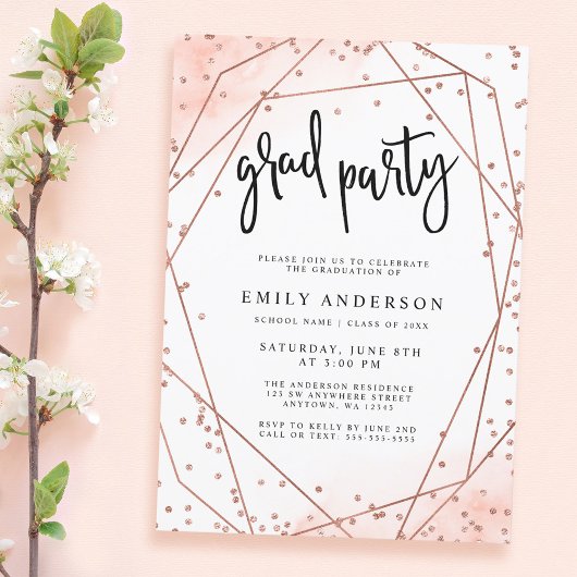 Roos Gold Faux Glitter Geometric Graduation Party Kaart