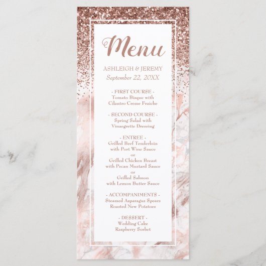 Roos Gold Faux Glitter Marble Script Wedding Menu (Voorkant)