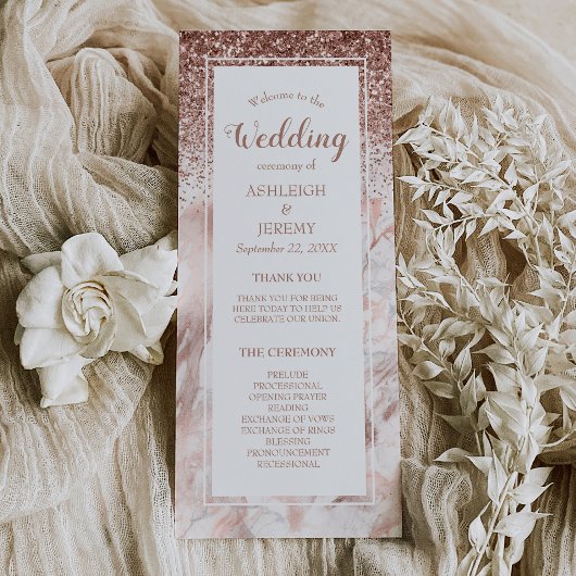 Roos Gold Faux Glitter Marble Script Wedding Programma