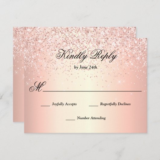 Roos Gold Faux Glitter Sparkle RSVP Kaartje (Voorkant / Achterkant)