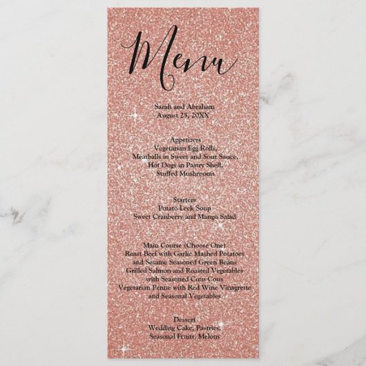 Roos Gold Faux Glitter Wedding Menu Menus (Voorkant)