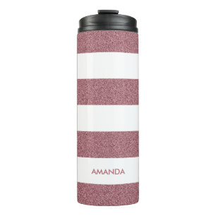 Roos Gold Faux Glitter white Stripe voeg jouw naam Thermosbeker