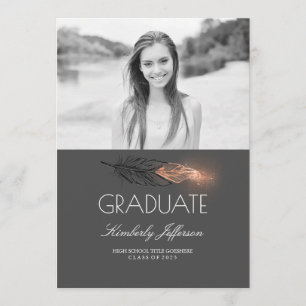 Roos Gold Feather Glitter Photo Graduparty Kaart